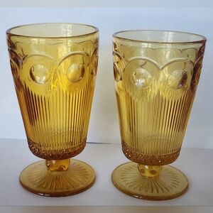 2 - Barlett Collins Glass Amber Thumbprint Bullseye Goblet 6" Tall